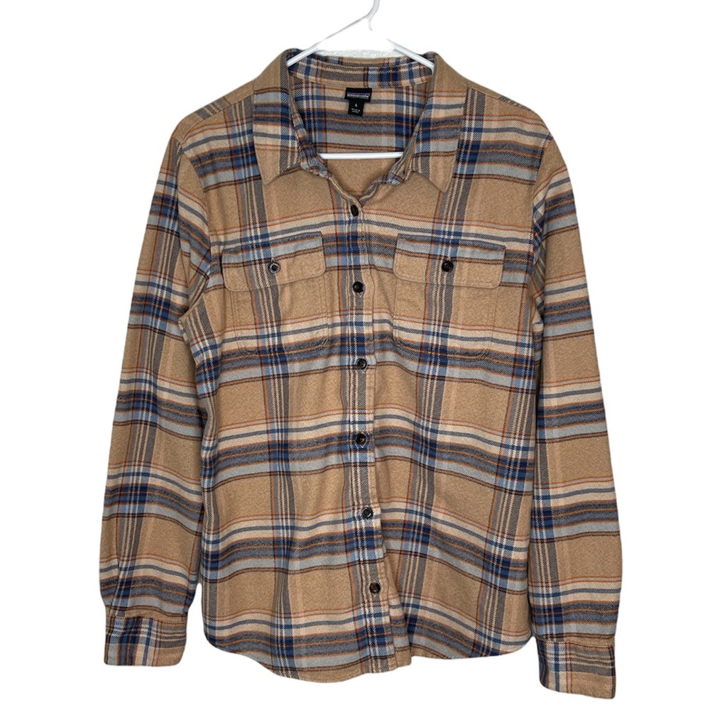PATAGONIA Women's Fjord Cabin Time Barefoot Tan Flannel Shirt Size Large